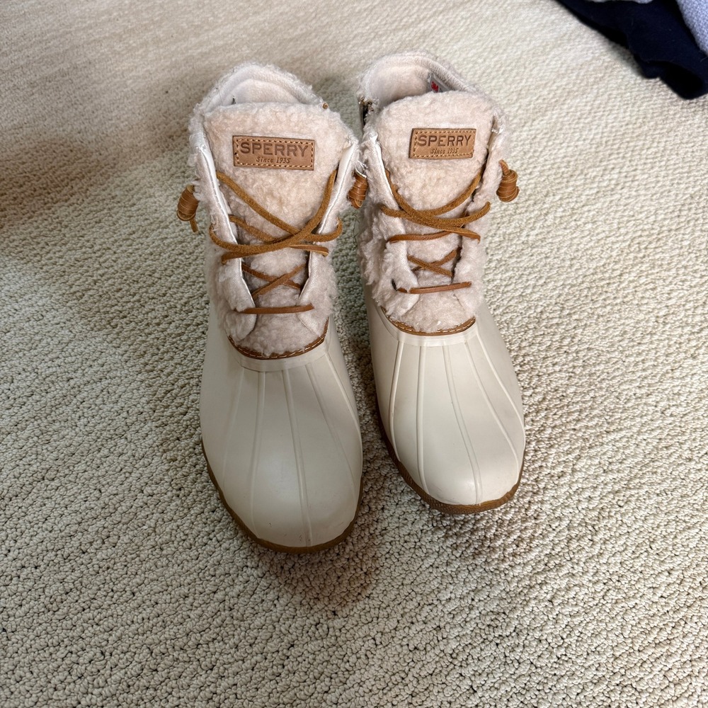 Sperry Saltwater Duck Boots Women's Size 9 M Ivory Faux Fur 3M Thinsulate Winter